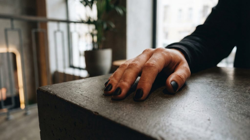 Main d'un homme posée sur une surface sombre, ses ongles sont peints d'un vernis noir mat. Arrière-plan flou, lumineux.