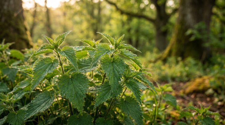 Orties piquantes vertes et fraîches avec de fines gouttes d'eau, poussant densément en sous-bois, baignées de lumière douce.