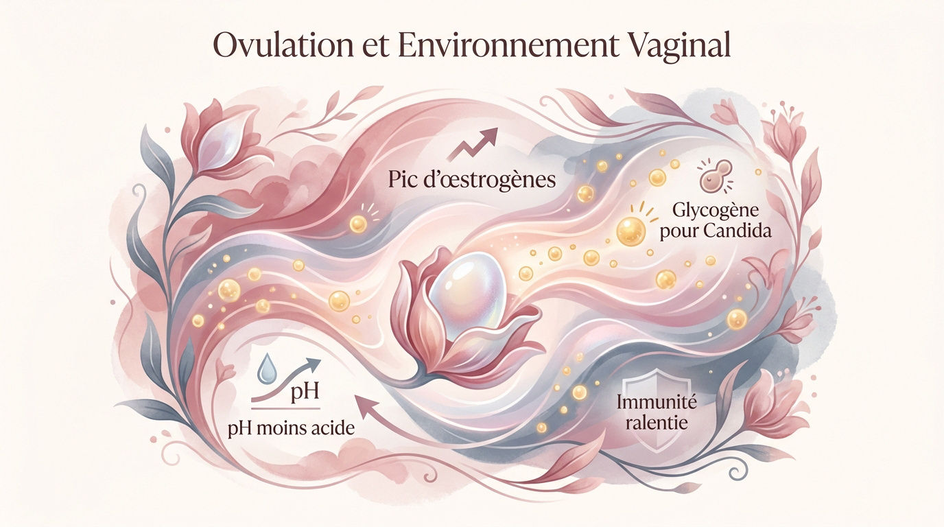 Schéma expliquant le lien entre hormones, glycogène et prolifération du Candida albicans pendant l'ovulation