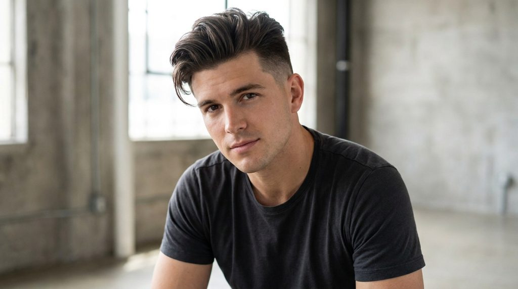 Jeune homme avec un undercut long, cheveux bruns balayés sur le côté, contraste marqué avec les côtés rasés.