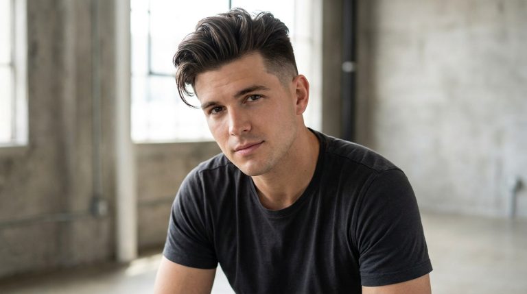 Jeune homme avec un undercut long, cheveux bruns balayés sur le côté, contraste marqué avec les côtés rasés.