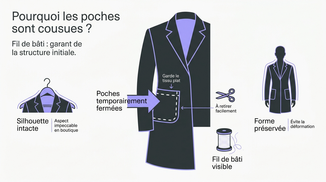 gros plan sur une poche de manteau neuve fermée par un fil de bâti