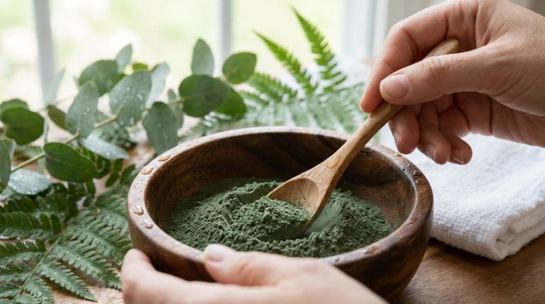 Mains mélangeant de l'argile verte en poudre dans un bol en bois avec une cuillère, entouré de feuilles vertes et d'une serviette.