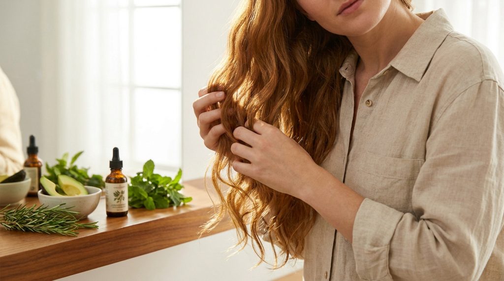 Une femme aux cheveux ondulés roux touche ses mèches. Sur un comptoir, huiles capillaires, avocat, romarin et menthe pour la pousse.