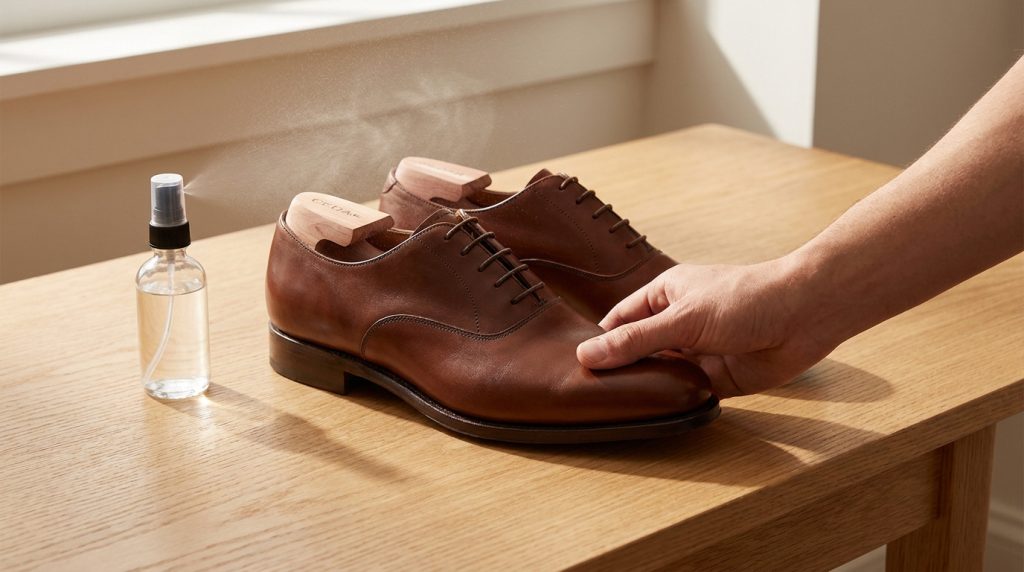 Une main touche une chaussure en cuir marron avec embauchoir, tandis qu'une bouteille pulvérise un produit pour l'assouplir sur la table en bois.
