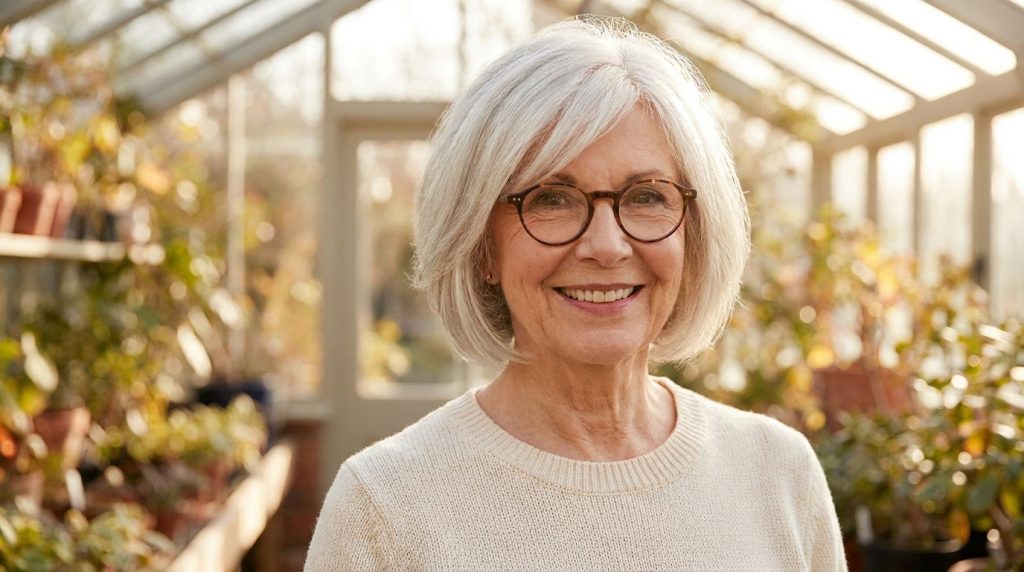 Femme souriante de 70 ans, coupe bob grise élégante, lunettes rondes marron, pull crème, dans une serre lumineuse.