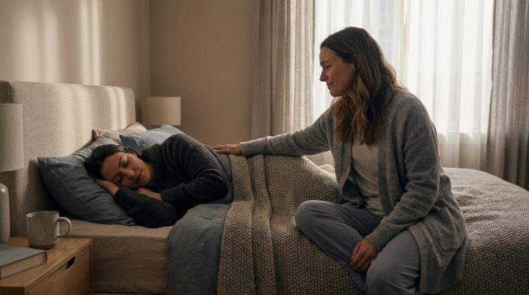 Dans une chambre, une femme assise sur le lit observe sa partenaire endormie, posant une main douce sur son dos. Scène de tendresse.