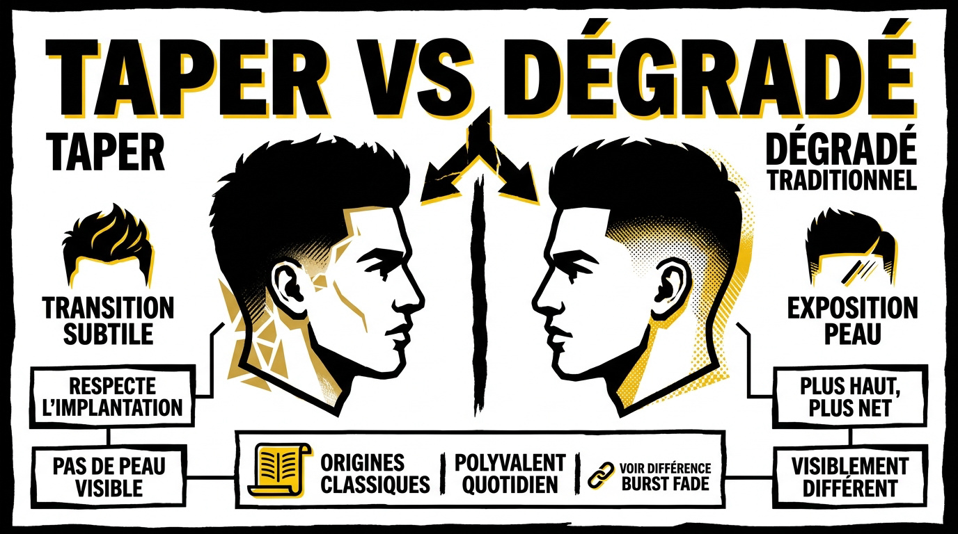 Comparaison visuelle entre une coupe taper et un dégradé fade masculin