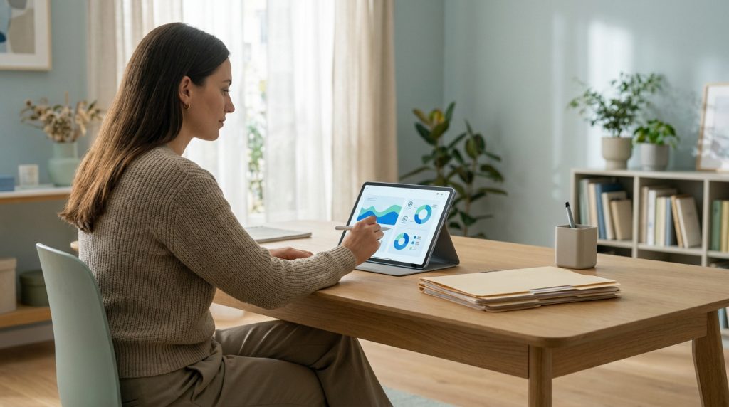 Femme gérant des contrats sur tablette affichant des données. Des dossiers papier sur le bureau symbolisent la simplification numérique.