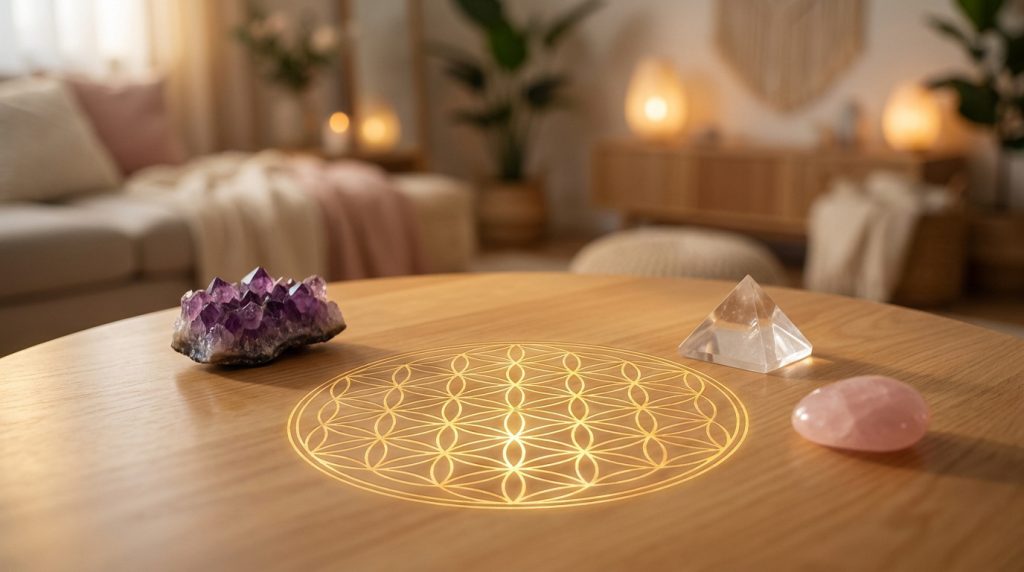 Gros plan sur une table en bois avec une Fleur de vie lumineuse, des cristaux d'améthyste, un quartz rose et une pyramide de quartz clair. Arrière-plan flou d'un intérieur chaleureux.