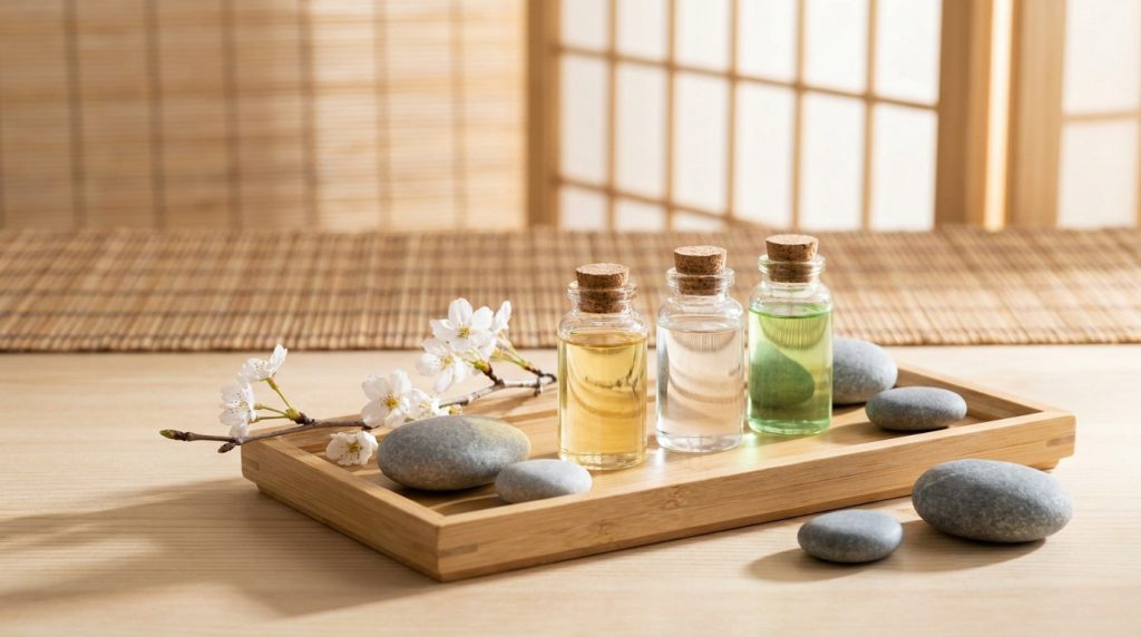 Composition zen pour massage avec trois flacons d'huiles (jaune, incolore, verte), pierres lisses et fleurs de cerisier sur un plateau en bambou.