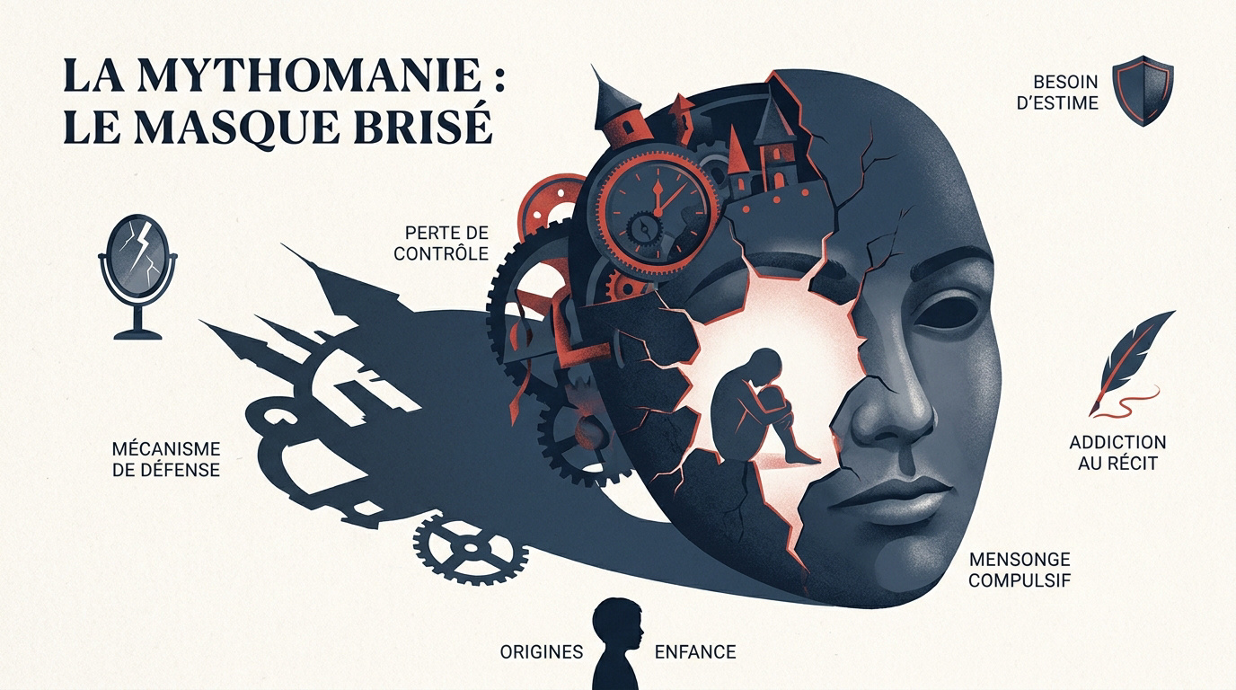 Illustration symbolique de la mythomanie représentant un masque brisé révélant la fragilité identitaire