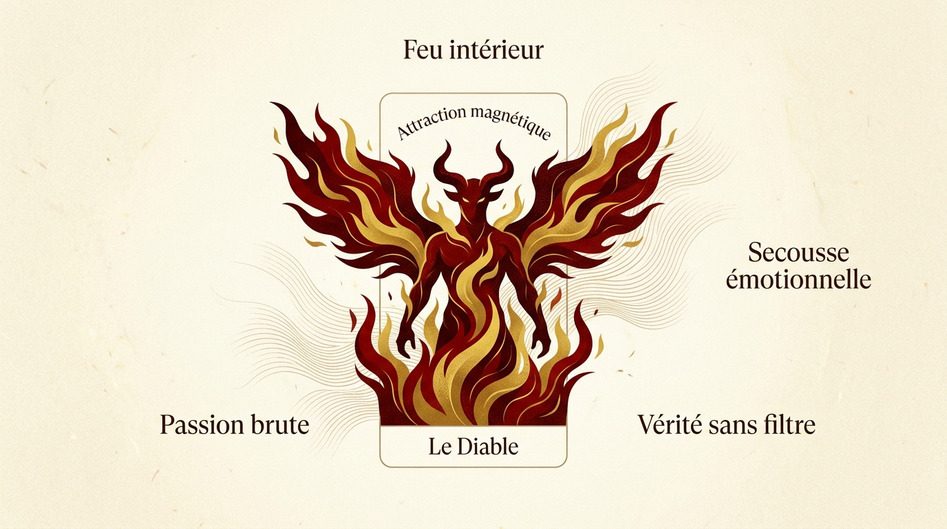 Représentation symbolique de l'arcane du Diable et de l'attraction magnétique en amour