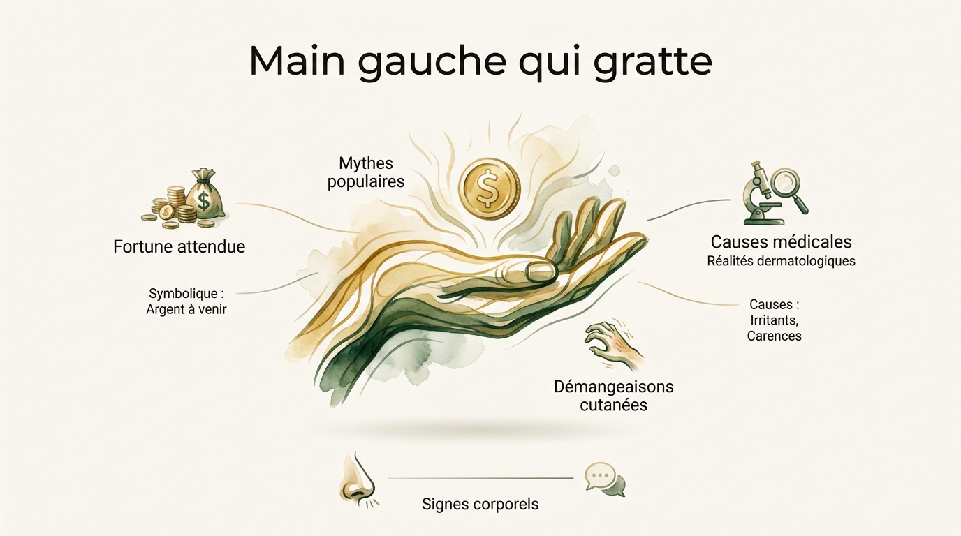 Main gauche, pièces de monnaie et soins dermatologiques