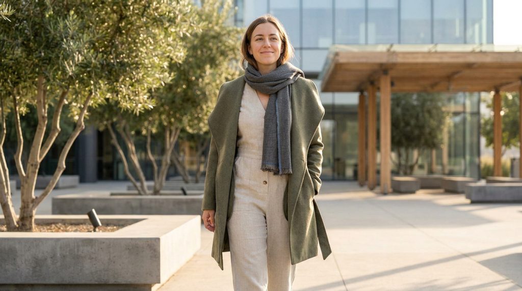Femme souriante en manteau kaki, combinaison beige et écharpe grise, marchant dans un jardin urbain moderne aux arbres d'oliviers.