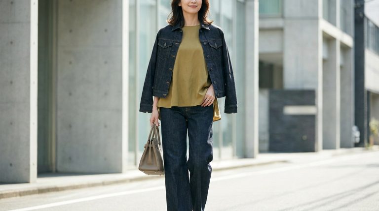 Femme souriante en veste jean, top kaki, pantalon jean large et sac taupe, marchant élégamment en ville.