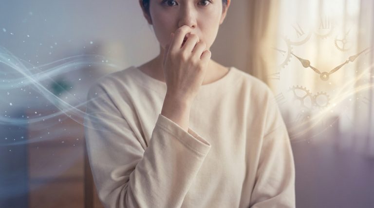 Femme se pinçant le nez, avec des particules et des horloges en fond, évoquant le réflexe d'éternuement.