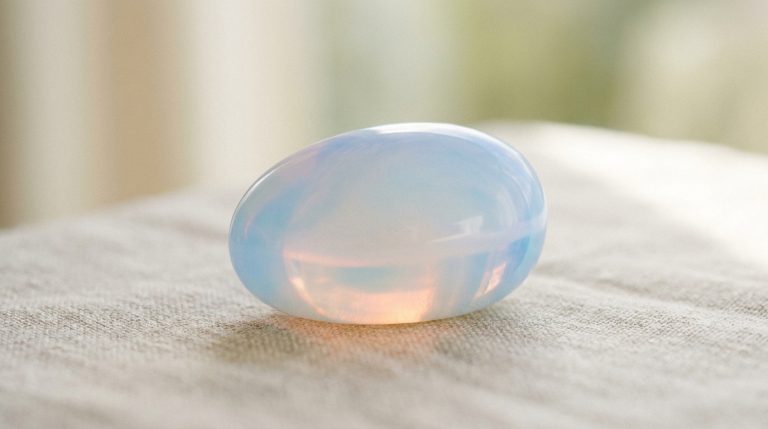 Une pierre d'opaline (ou opalite) polie, de forme ovale et lisse, posée sur un tissu clair. Elle diffuse des reflets bleutés, rosés et orangés translucides.
