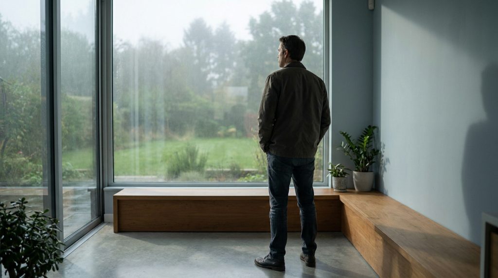 Homme debout, dos à l'objectif, regardant la nature verdoyante par une grande fenêtre vitrée, ambiance contemplative.