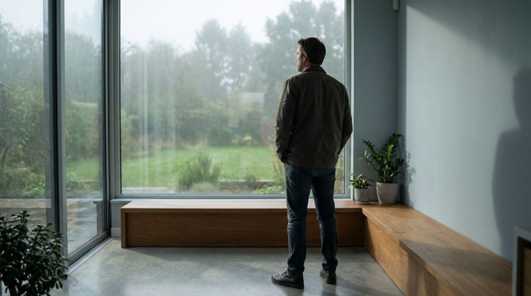 Homme debout, dos à l'objectif, regardant la nature verdoyante par une grande fenêtre vitrée, ambiance contemplative.