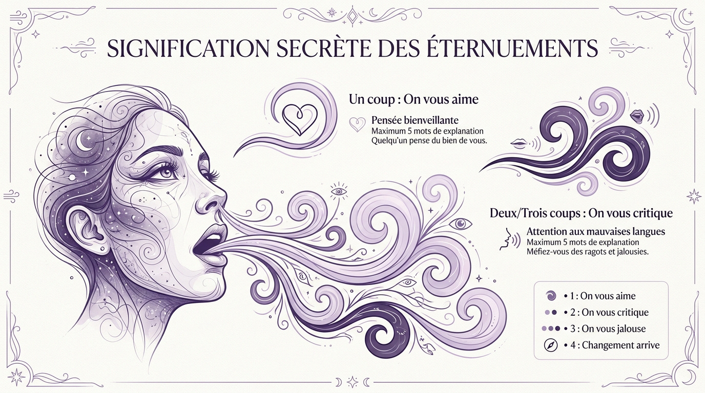 Illustration symbolique de la signification secrète des éternuements et des présages