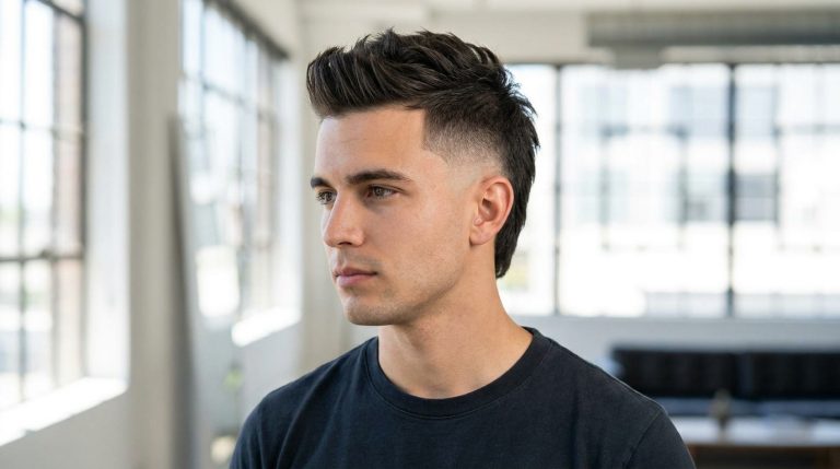 Homme aux cheveux bruns arborant une coupe crête espagnole avec un dégradé prononcé sur les côtés.