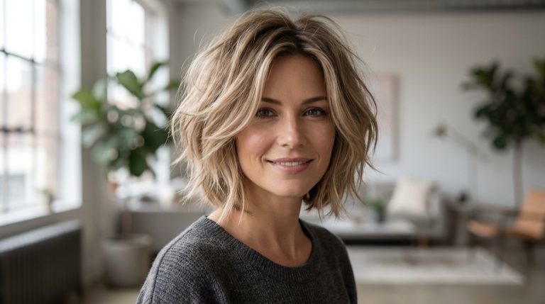Portrait d'une femme souriante avec un carré dégradé flou aux reflets blonds, portant un pull gris dans un intérieur lumineux.