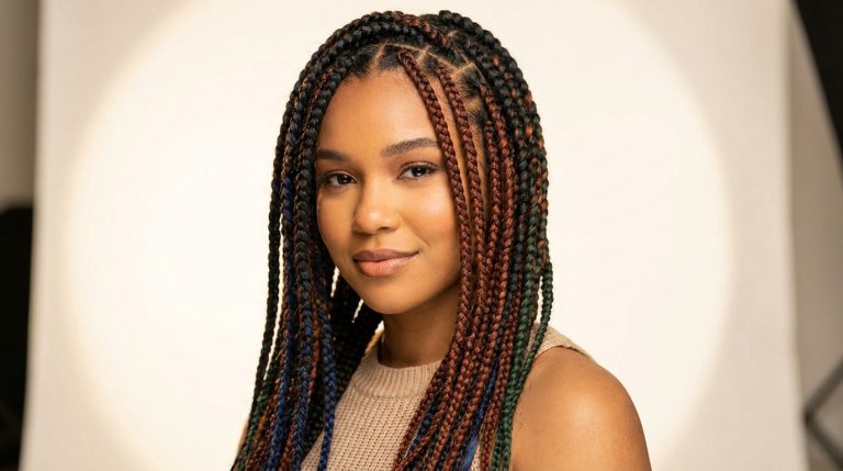 Portrait d'une femme avec des tresses colorées sophistiquées sur fond blanc.