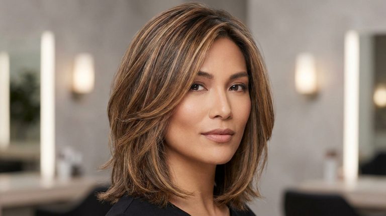 Femme aux cheveux mi-longs avec une coloration hair contouring mettant en valeur son visage.