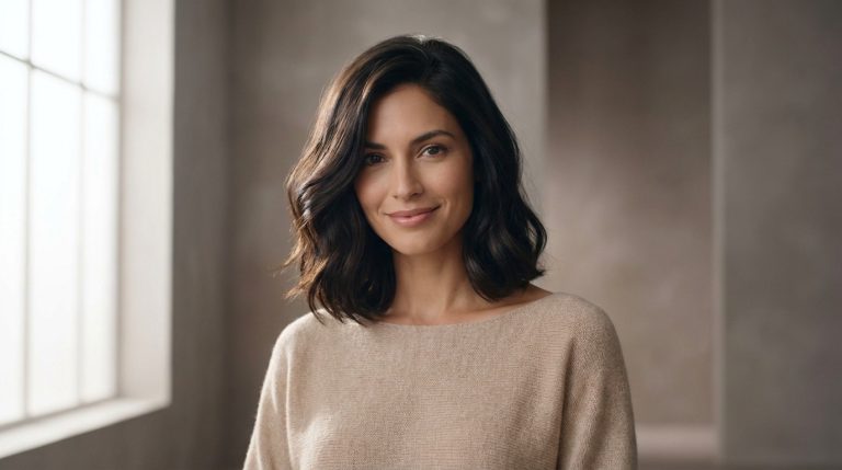 Une femme aux cheveux bruns mi-longs stylisés en clavicut souriant doucement dans une pièce lumineuse.