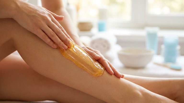 Une femme applique de la pâte à sucre dorée sur sa jambe pour une épilation naturelle.