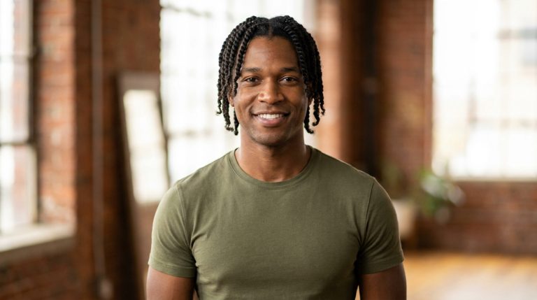 Jeune homme noir souriant portant une coiffure en vanilles, posant dans un loft lumineux aux murs en briques.