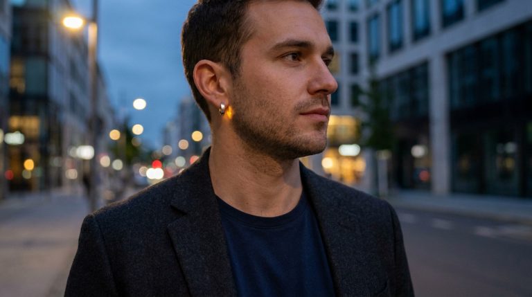 Portrait d'un homme portant une boucle d'oreille créole argentée dans une rue urbaine en soirée.