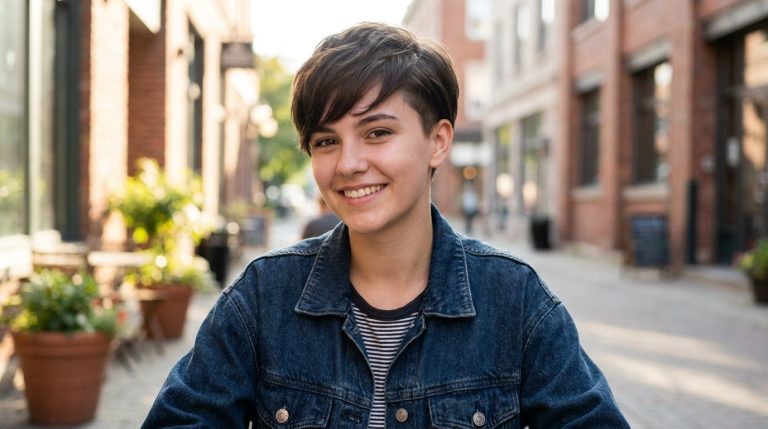 Jeune fille souriante avec une coupe garçonne moderne et une veste en jean dans une rue piétonne.