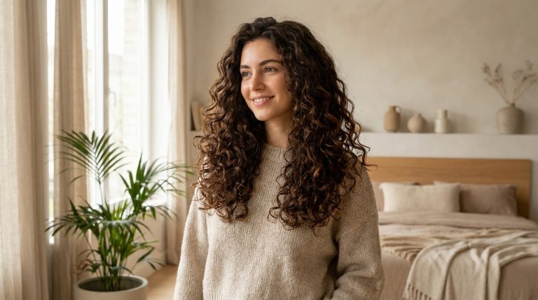 Jeune femme souriante avec de longs cheveux bruns très bouclés dans une chambre lumineuse et minimaliste.
