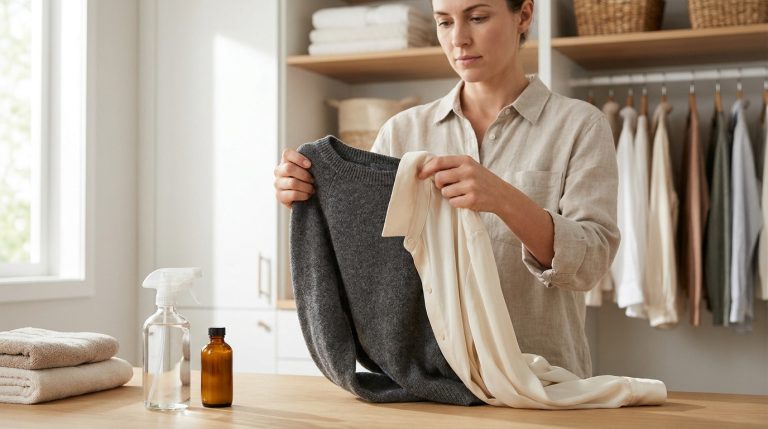 Une femme examine un pull gris et une chemise beige près d'un vaporisateur sur une table dans un dressing.