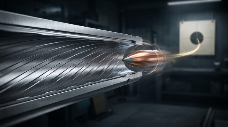 Une balle quittant un canon rayé en gros plan avec une cible de tir en arrière-plan.