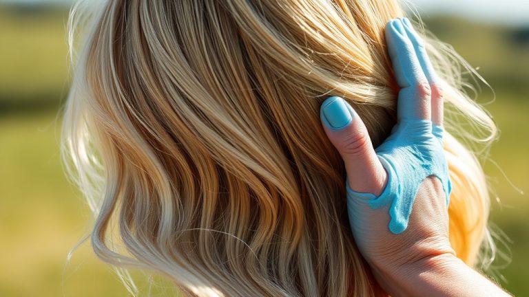 application du shampoing bleu sur cheveux blonds