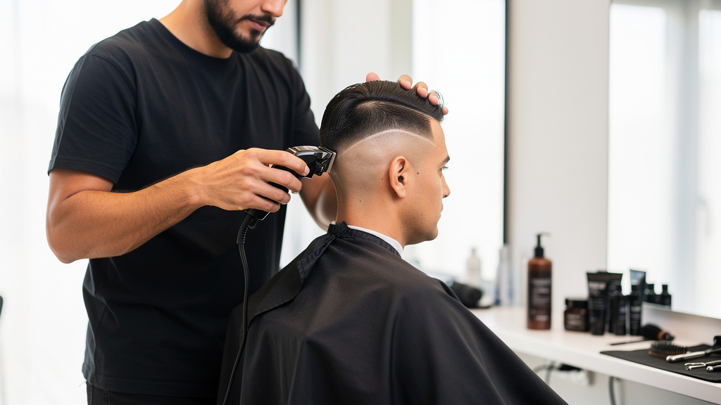 Coiffeur appliquant un fade sur un mulet court