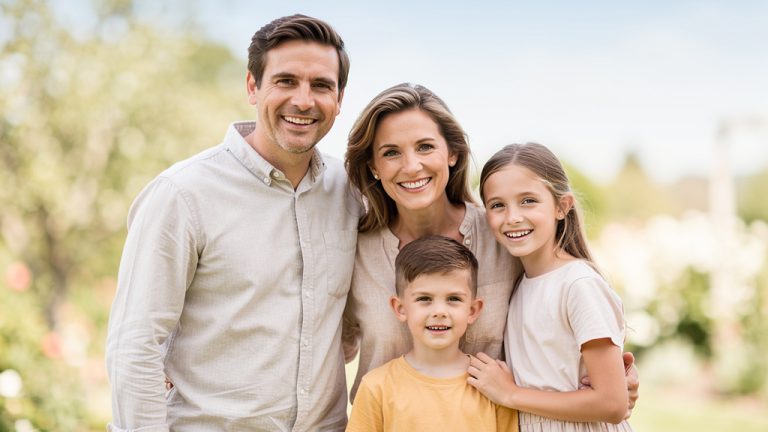 famille de quatre personnes souriante
