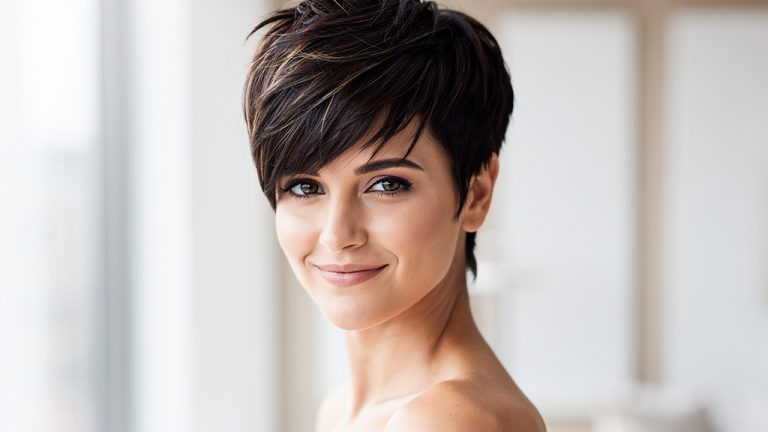 femme avec une coupe pixie effil e sur cheveux pai
