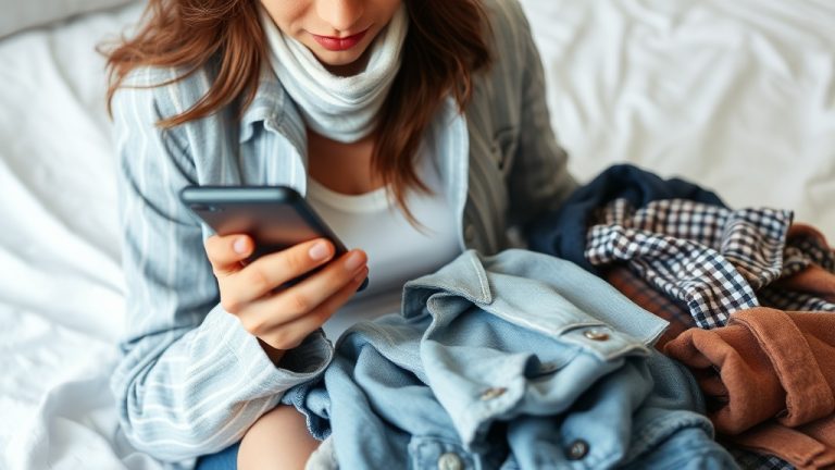femme consultant son t l phone avec des v tements