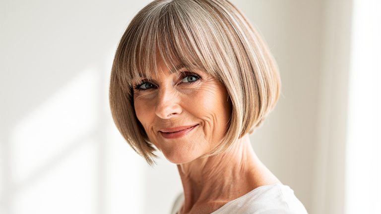 femme de 60 ans avec frange rideau et carr court s