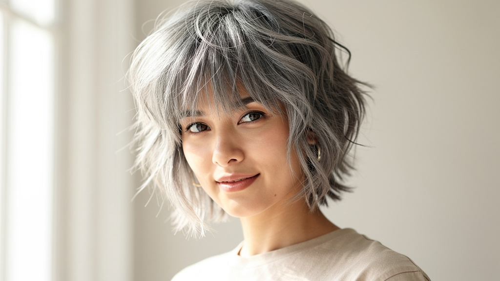 Wolf cut sur cheveux gris naturels