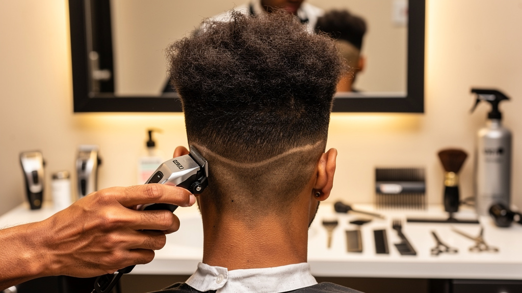 Barbier traçant les contours d'un taper mid afro au rasoir électrique