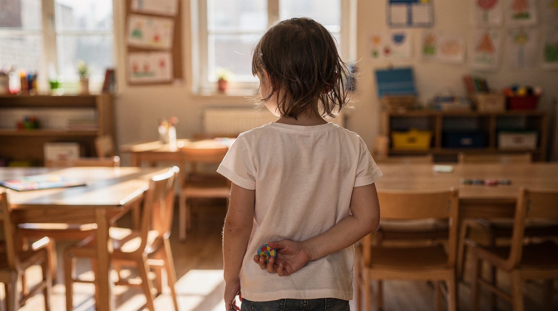 Enfant tenant un badge avec son prénom à l'école