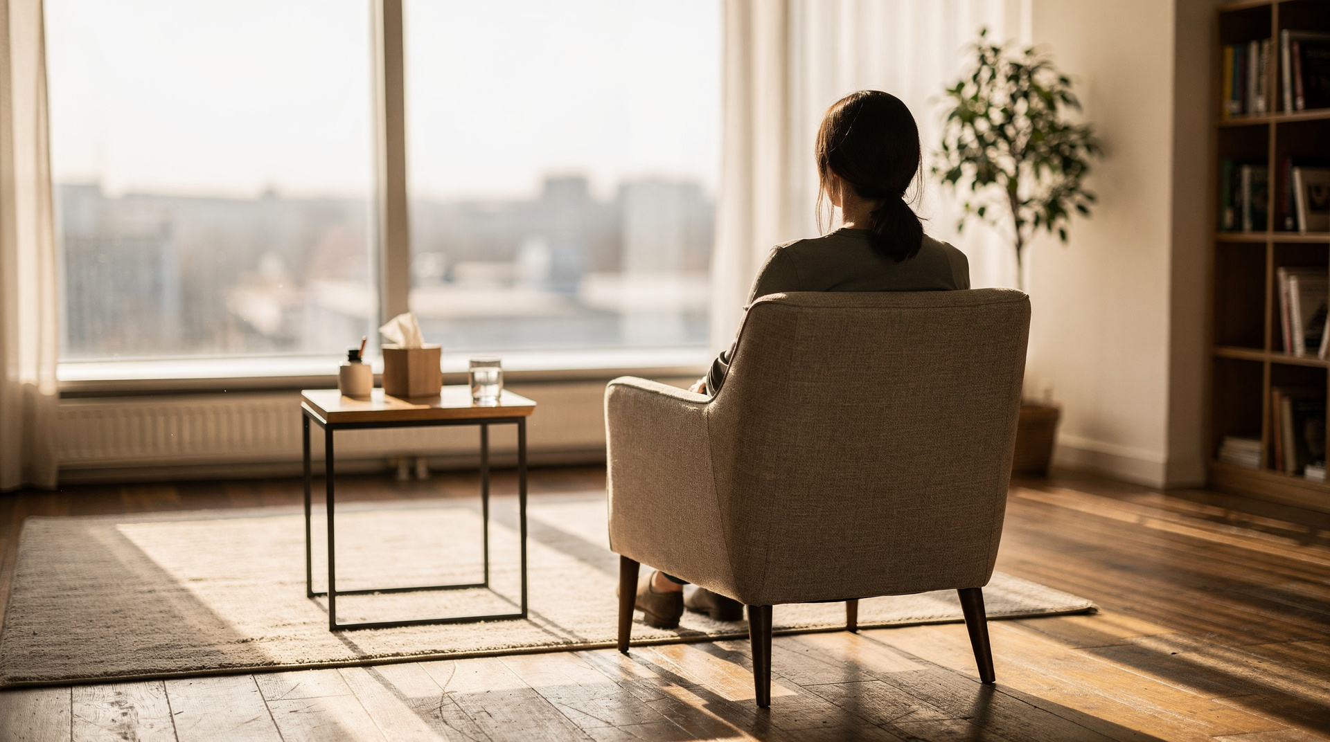 Femme en consultation avec un psychologue dans un cabinet lumineux