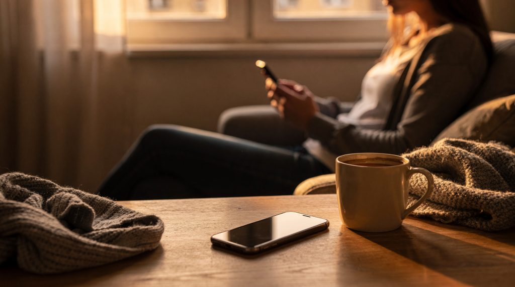 Femme seule regardant son téléphone sans réponse, assise près d'une fenêtre