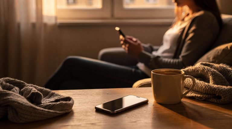 Femme seule regardant son téléphone sans réponse, assise près d'une fenêtre