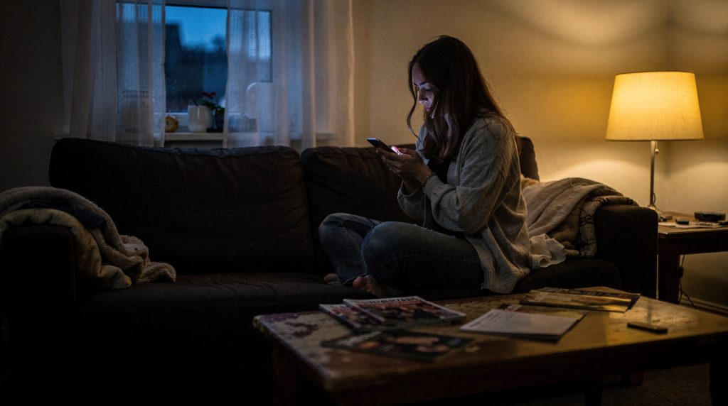 Femme seule sur un canapé regardant son téléphone avec inquiétude